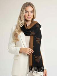 LARGE BLACK TAN HIGHLAND COW CASHMERE REVERSIBLE SHAWL SCARF