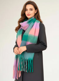 GREEN CHECKED WOOL RAINBOW BLANKET SCARF OVERSIZED WINTER SHAWL WRAP