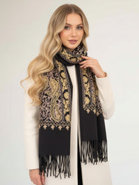 LARGE BLACK PAISLEY CASHMERE COTTON BLEND WINTER SHAWL BLANKET SCARF