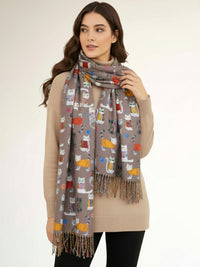 TAUPE BEIGE QUIRKY CAT PRINT LONG LIGHTWEIGHT SCARF