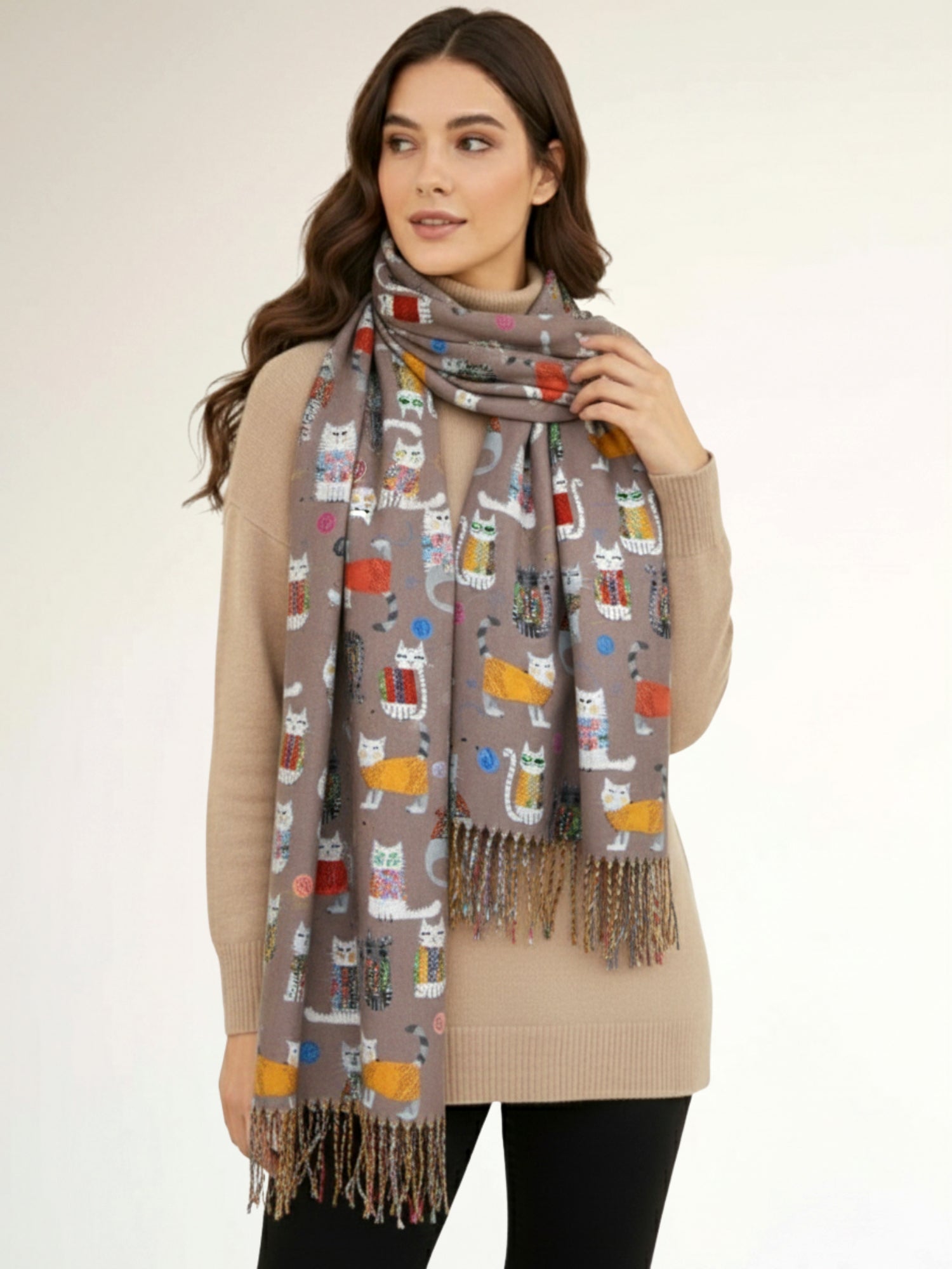 TAUPE BEIGE QUIRKY CAT PRINT LONG LIGHTWEIGHT SCARF
