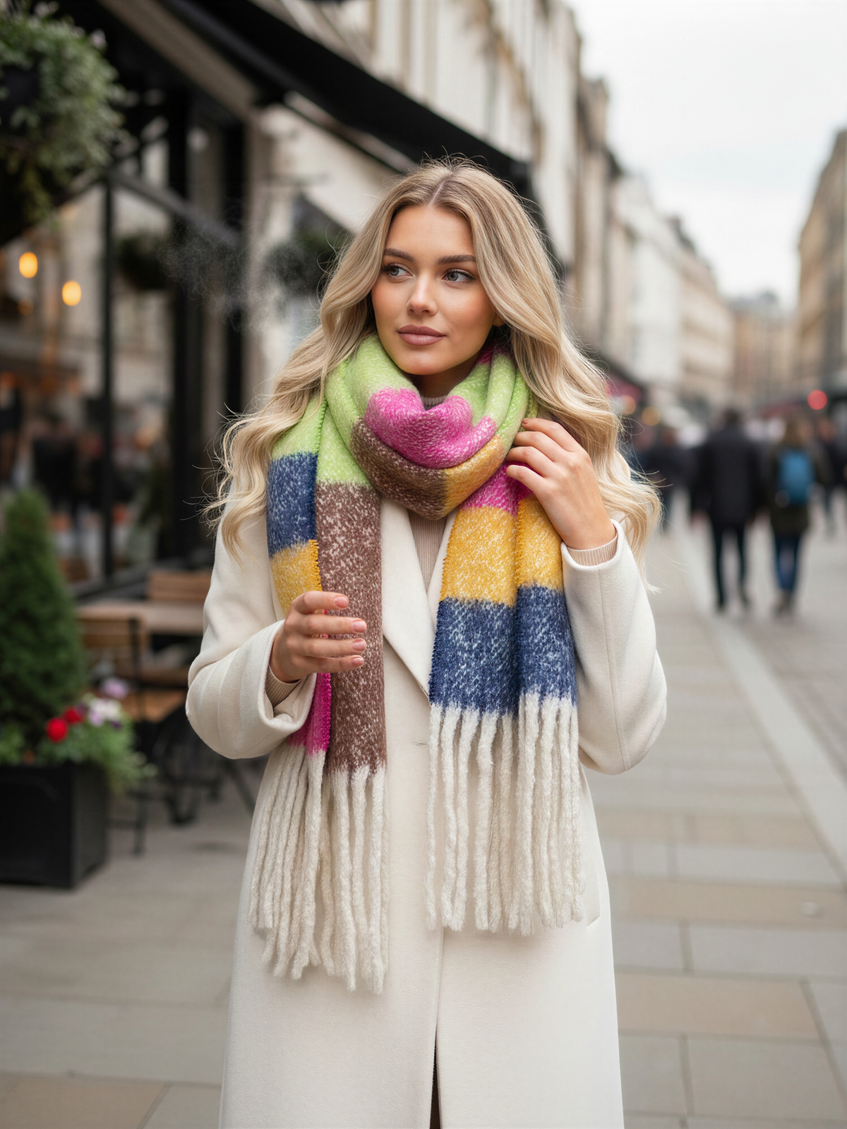 LIME STRIPED WOOL BLANKET SCARF OVERSIZED WINTER SHAWL WRAP