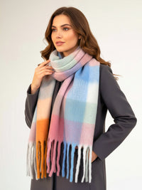 PINK BLUE CHECKED WOOL RAINBOW BLANKET SCARF OVERSIZED WINTER SHAWL WRAP