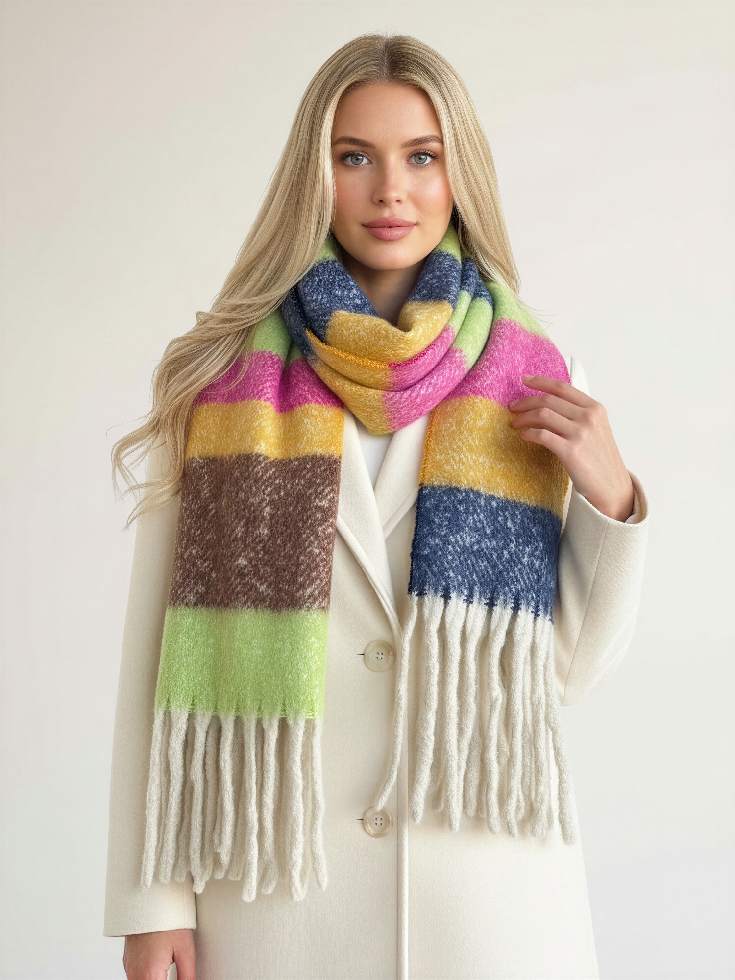 LIME STRIPED WOOL BLANKET SCARF OVERSIZED WINTER SHAWL WRAP