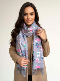 GREY QUIRKY CAT PRINT LONG LIGHTWEIGHT SCARF