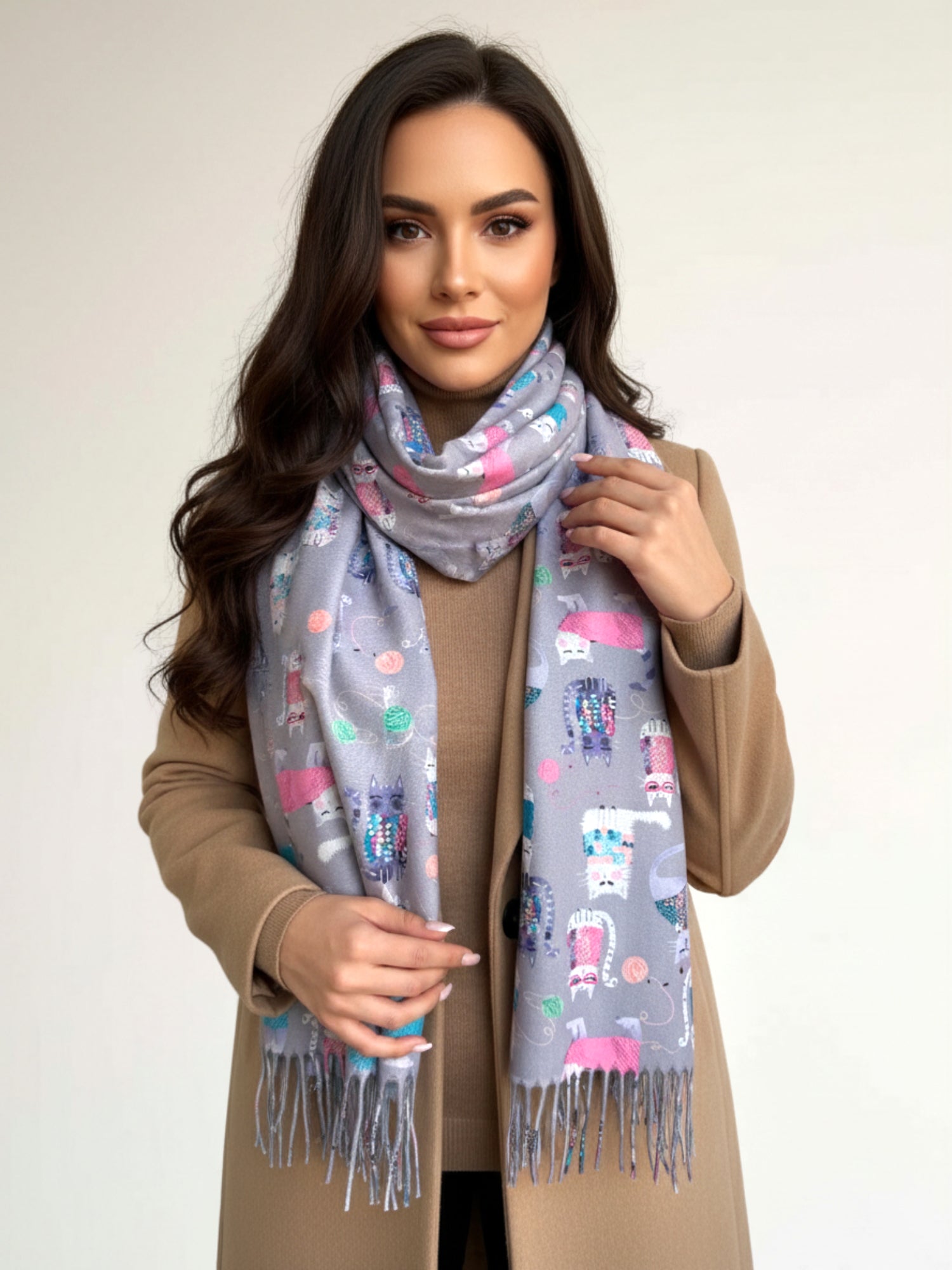 GREY QUIRKY CAT PRINT LONG LIGHTWEIGHT SCARF