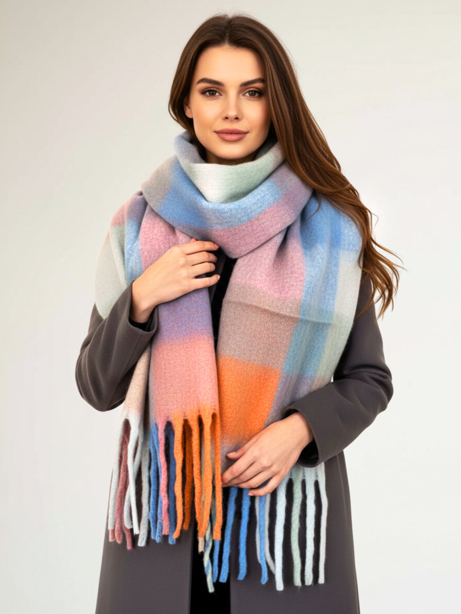 PINK BLUE CHECKED WOOL RAINBOW BLANKET SCARF OVERSIZED WINTER SHAWL WRAP