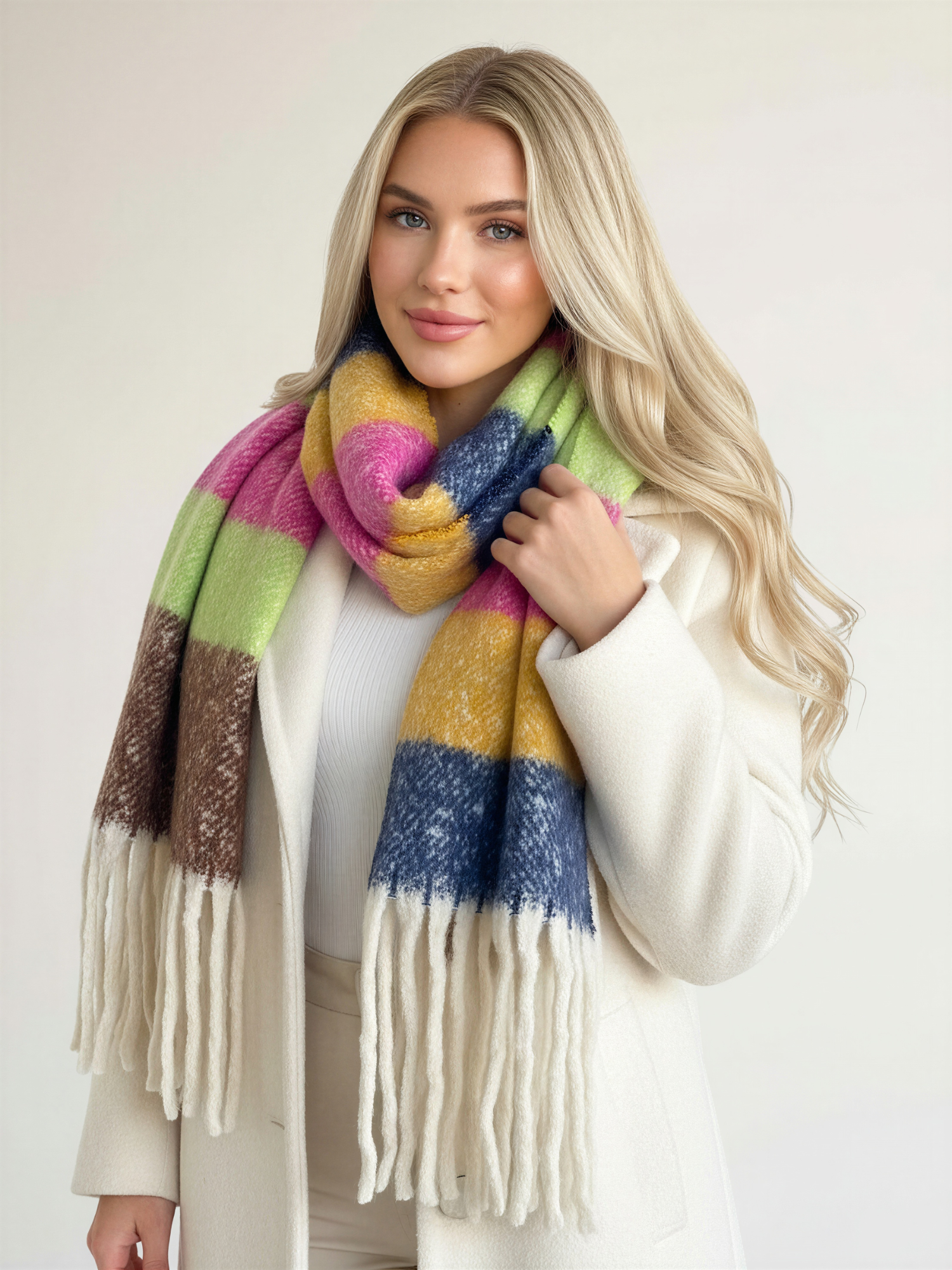 LIME STRIPED WOOL BLANKET SCARF OVERSIZED WINTER SHAWL WRAP