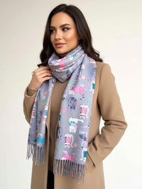 GREY QUIRKY CAT PRINT LONG LIGHTWEIGHT SCARF