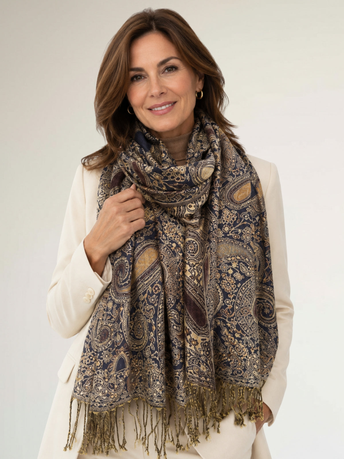 LARGE BROWN MULTI COLOUR PAISLEY PRINT PASHMINA SHAWL SCARF - A-SHU.CO.UK