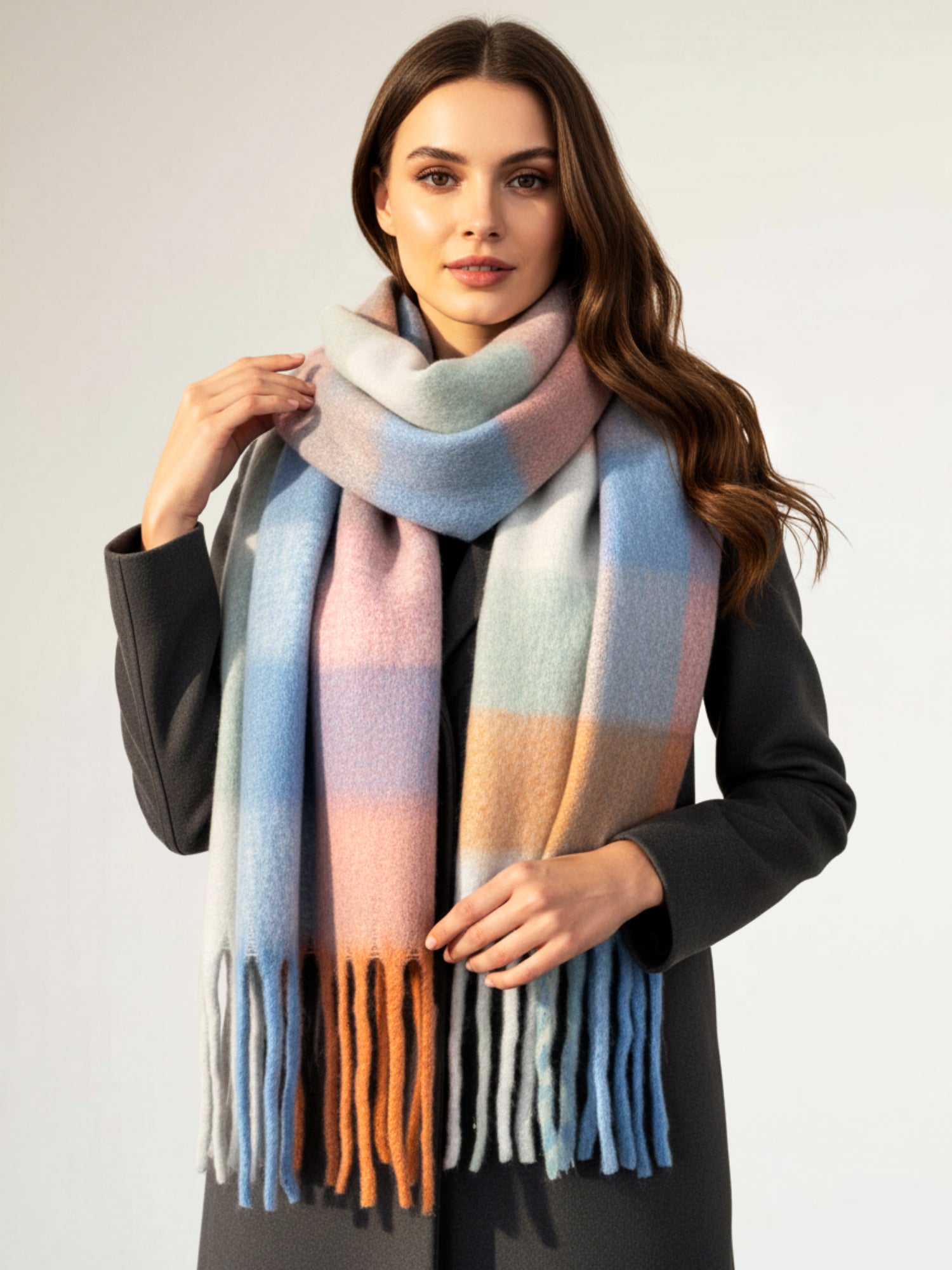 PINK BLUE CHECKED WOOL RAINBOW BLANKET SCARF OVERSIZED WINTER SHAWL WRAP