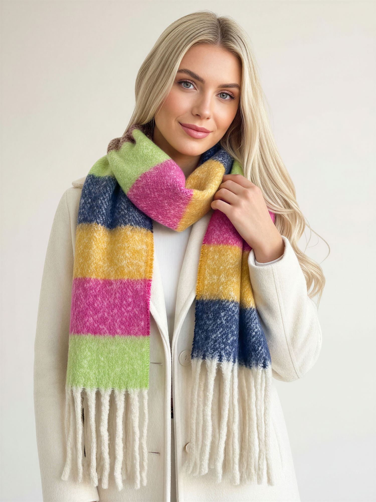 LIME STRIPED WOOL BLANKET SCARF OVERSIZED WINTER SHAWL WRAP