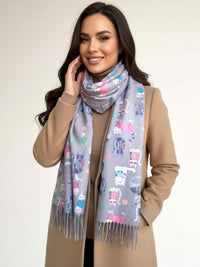 GREY QUIRKY CAT PRINT LONG LIGHTWEIGHT SCARF