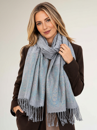 PAISLEY PRINT SILVER LIGHTWEIGHT PASHMINA SHAWL SCARF - A-SHU.CO.UK