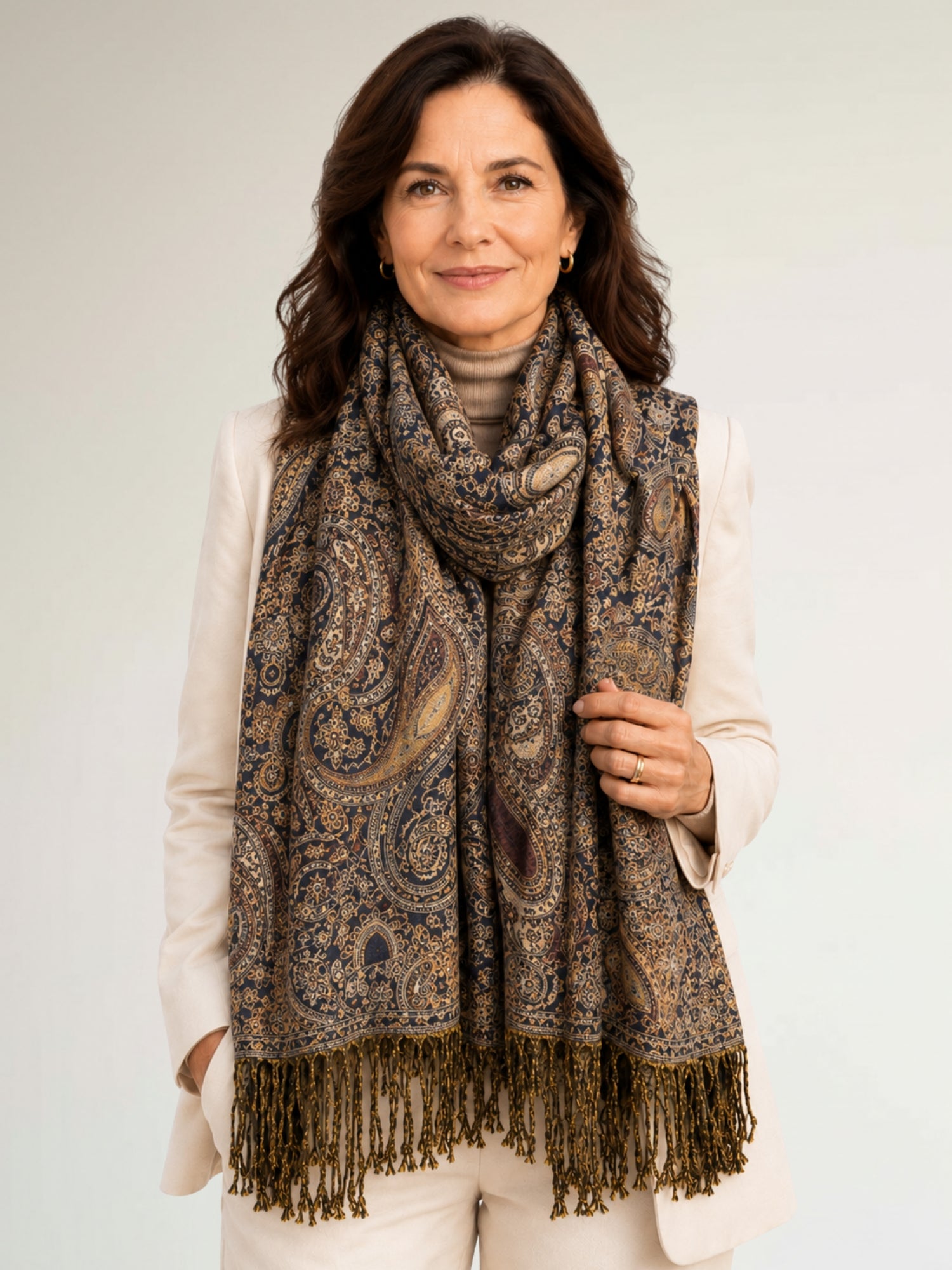 LARGE BROWN MULTI COLOUR PAISLEY PRINT PASHMINA SHAWL SCARF - A-SHU.CO.UK