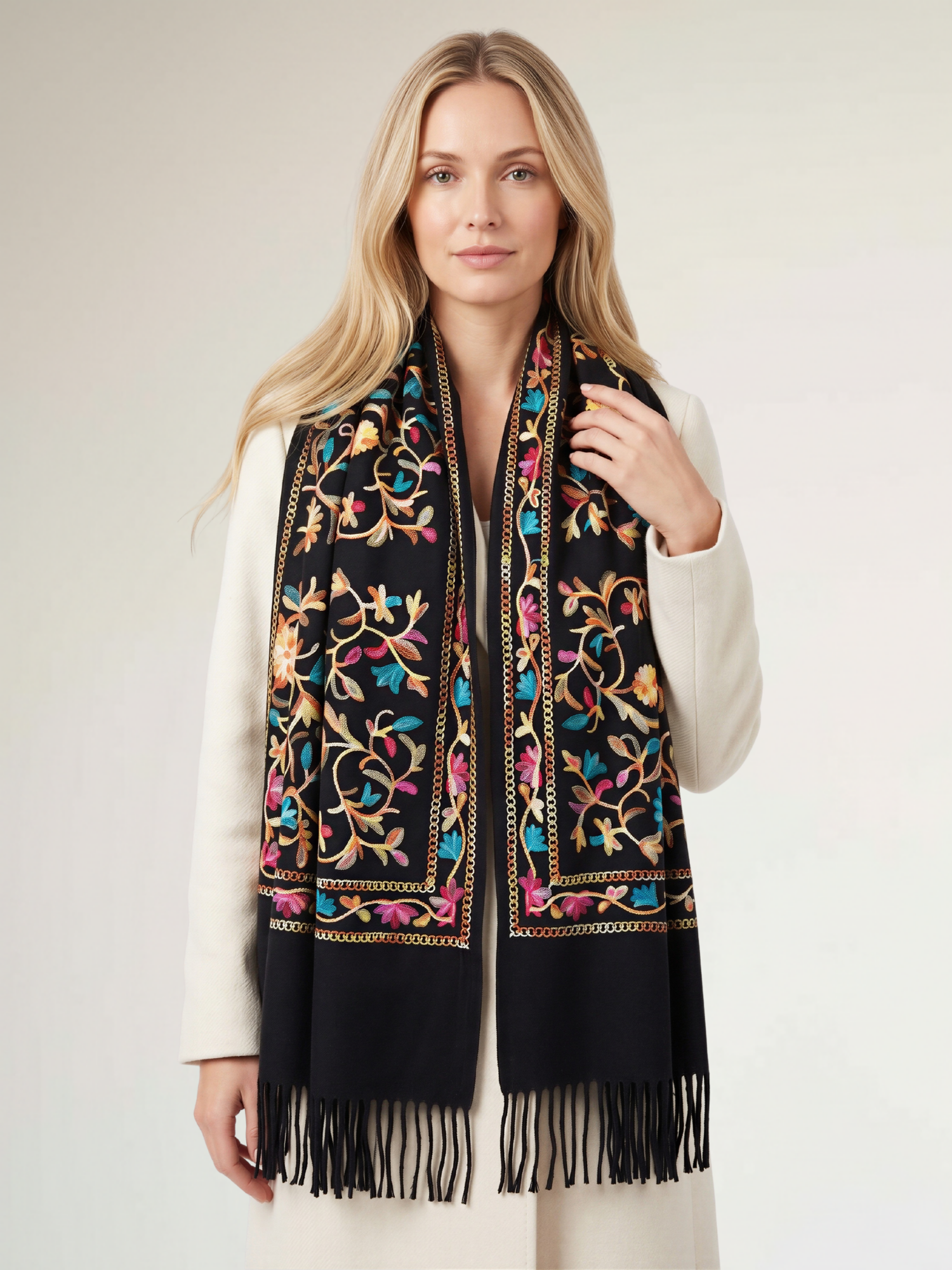 LARGE BLACK FLOWER PRINT CASHMERE COTTON BLEND WINTER SHAWL BLANKET SCARF