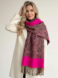 LARGE PLAIN FUCHSIA PINK REVERSIBLE MULTI COLOUR PAISLEY PRINT PASHMINA SHAWL SCARF WRAP - A-SHU.CO.UK
