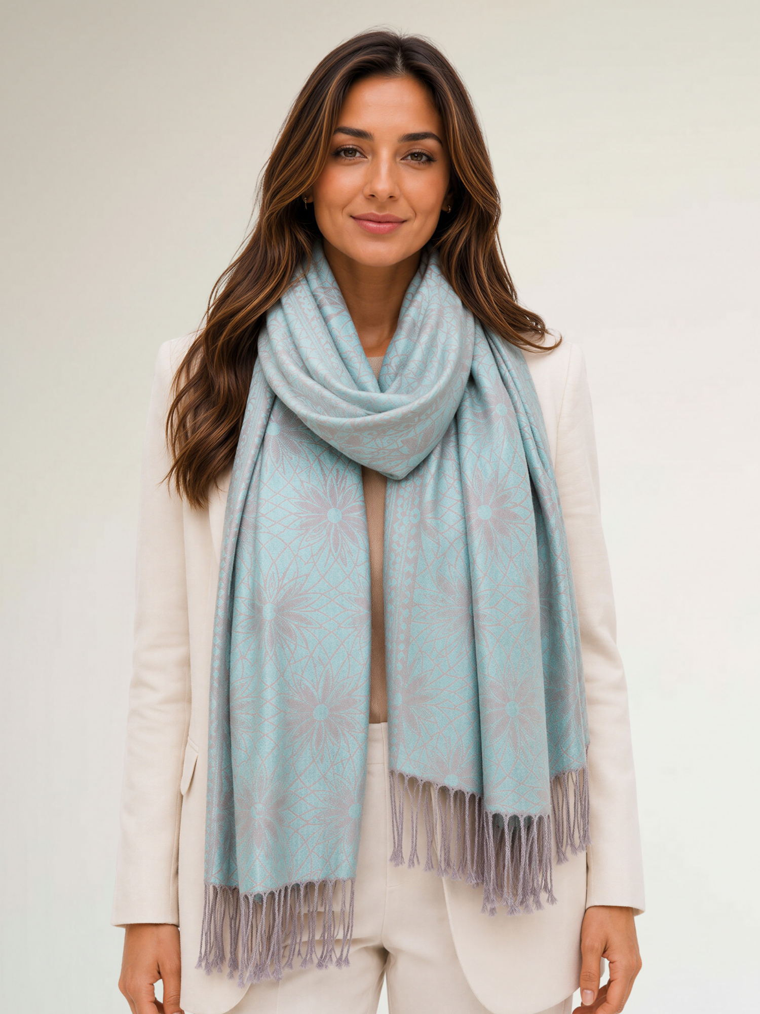 LARGE PASTEL BLUE FLORAL DAISY PRINT GEOMETRIC REVERSIBLE PASHMINA SHAWL SCARF - A-SHU.CO.UK