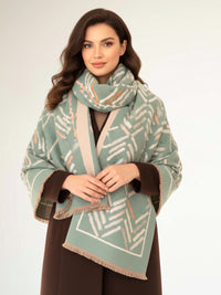 LARGE GREEN RETRO PRINT REVERSIBLE WOOL WINTER SHAWL BLANKET SCARF
