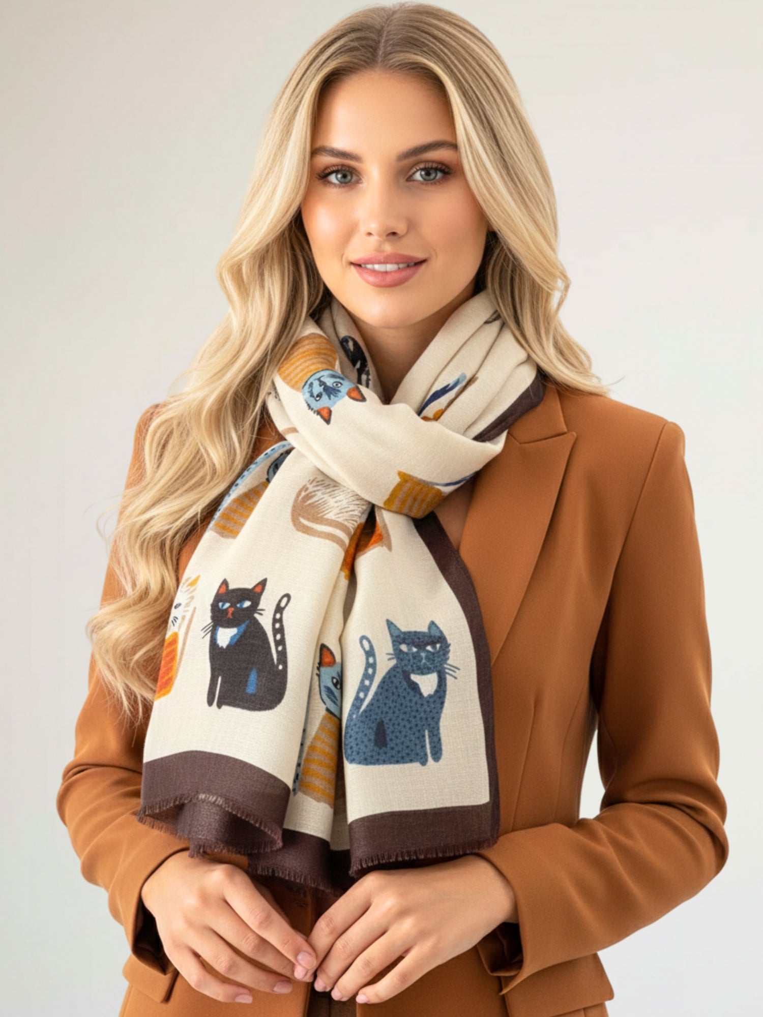 BEIGE COTTON BLEND CAT PRINT LIGHTWEIGHT SCARF