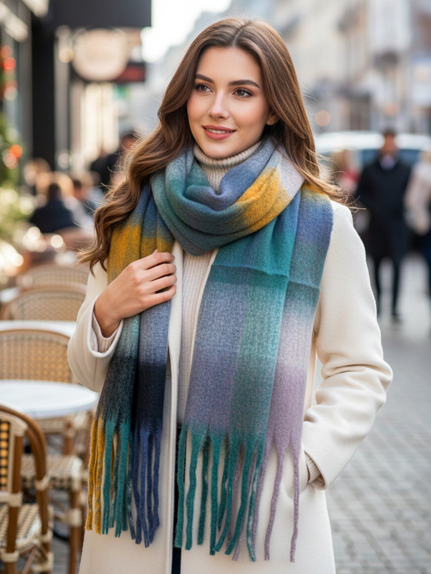 SEA GREEN CHECKED WOOL RAINBOW BLANKET SCARF OVERSIZED WINTER SHAWL WRAP