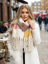 CREAM STRIPED WOOL BLANKET SCARF OVERSIZED WINTER SHAWL WRAP