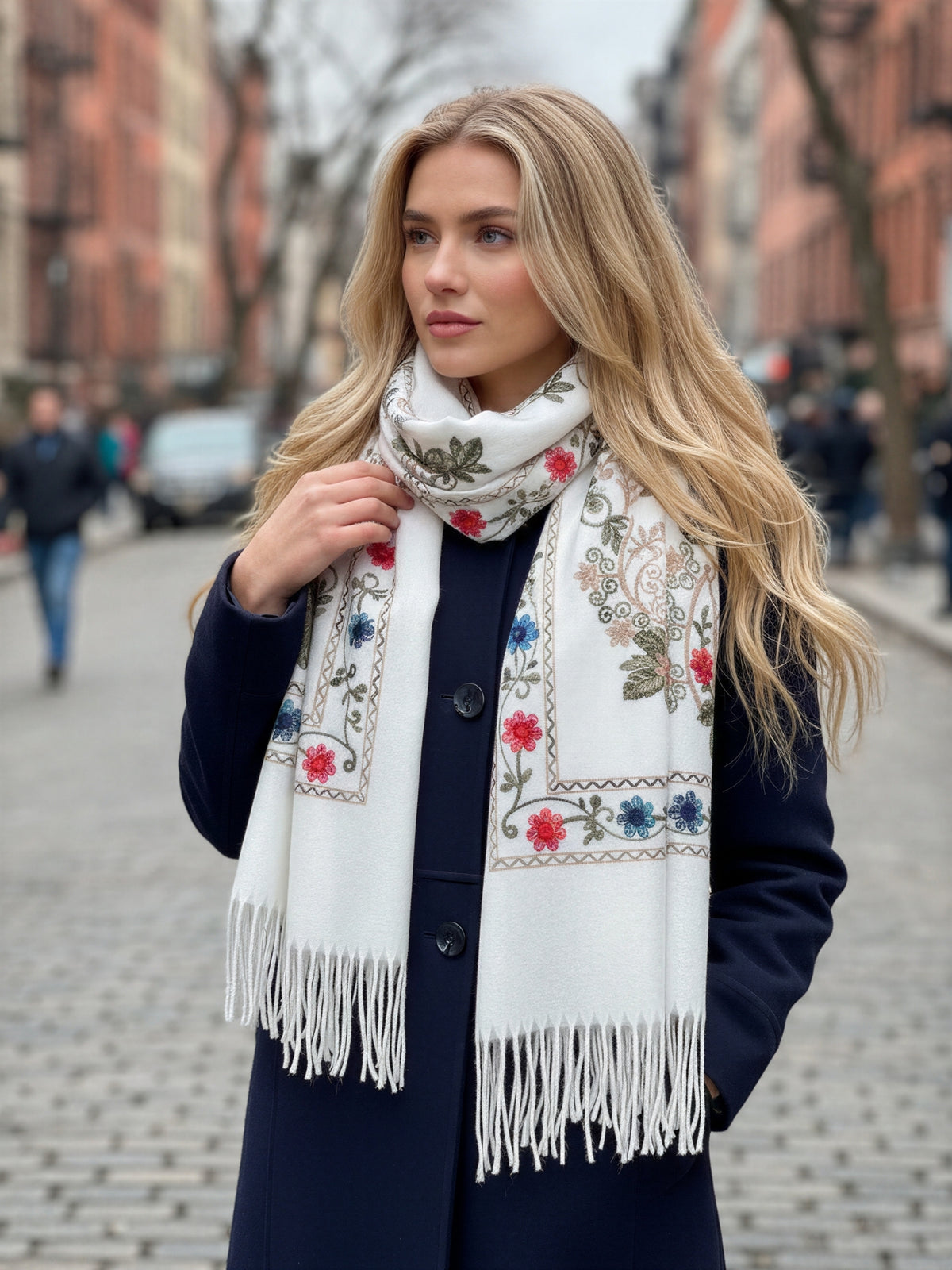 LARGE WHITE FLORAL CASHMERE COTTON BLEND WINTER SHAWL BLANKET SCARF