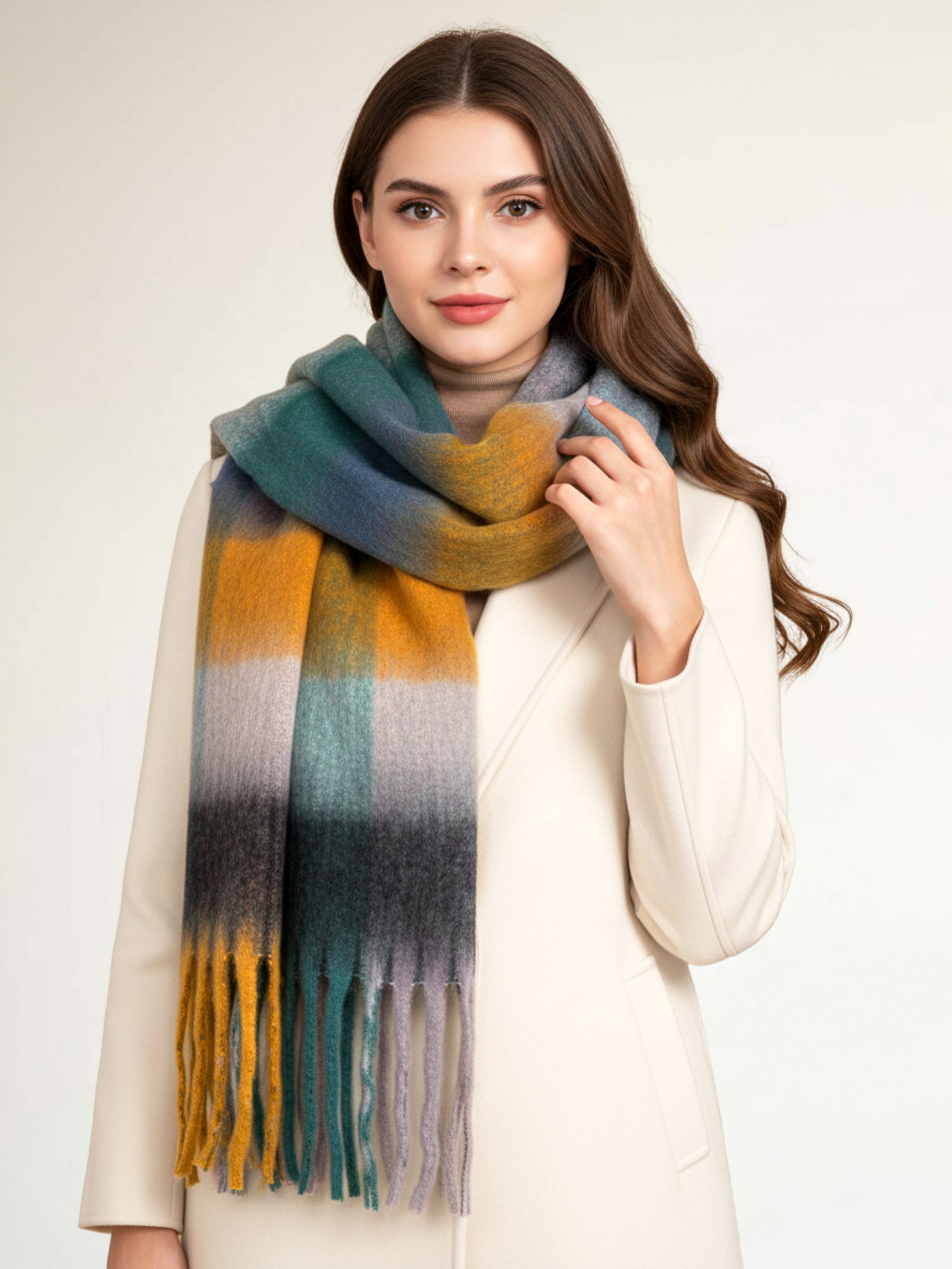 SEA GREEN CHECKED WOOL RAINBOW BLANKET SCARF OVERSIZED WINTER SHAWL WRAP