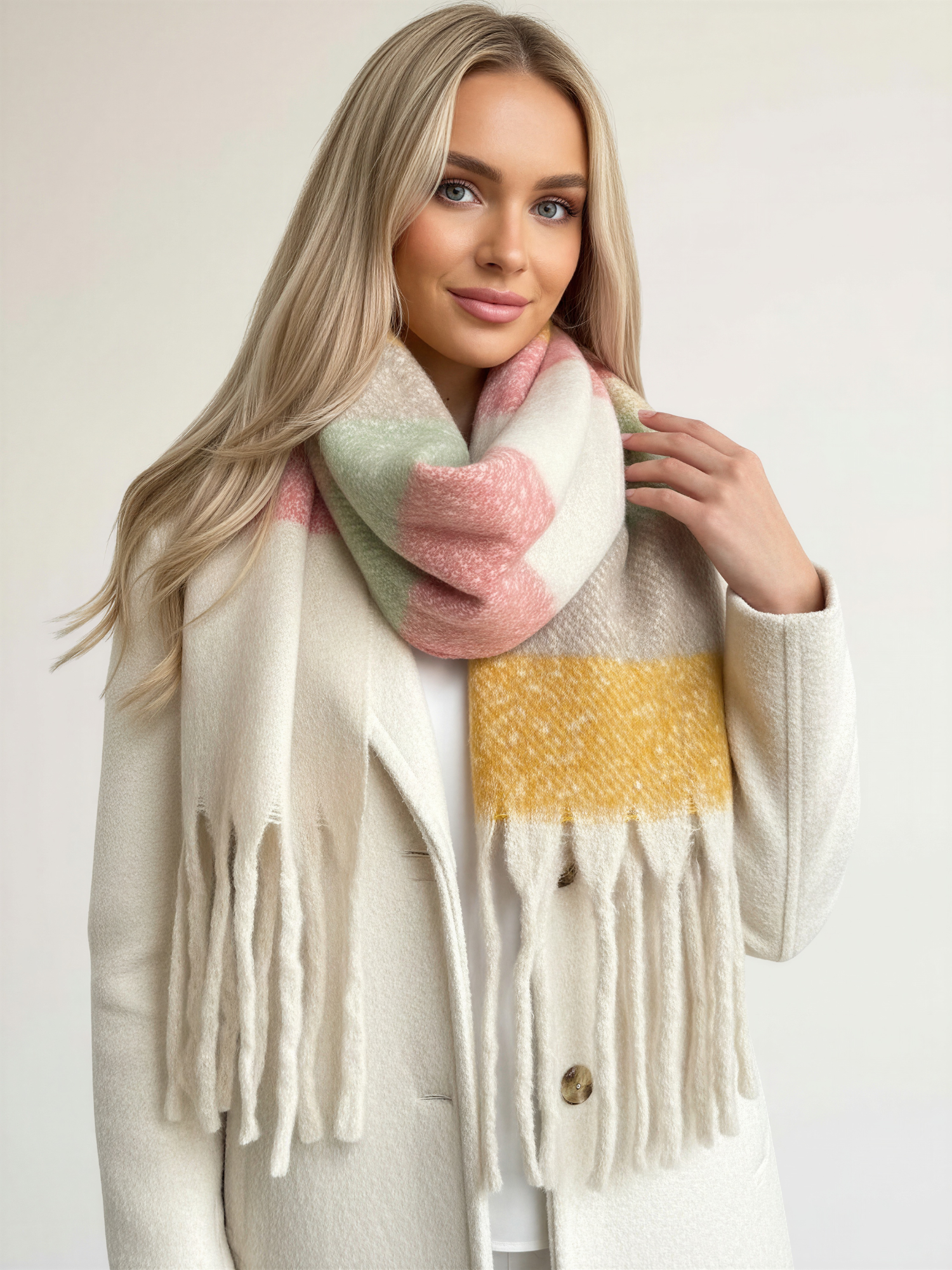 CREAM STRIPED WOOL BLANKET SCARF OVERSIZED WINTER SHAWL WRAP