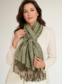 LARGE GREEN REVERSIBLE GEOMETRIC PAISLEY PRINT PASHMINA SHAWL SCARF WRAP - A-SHU.CO.UK
