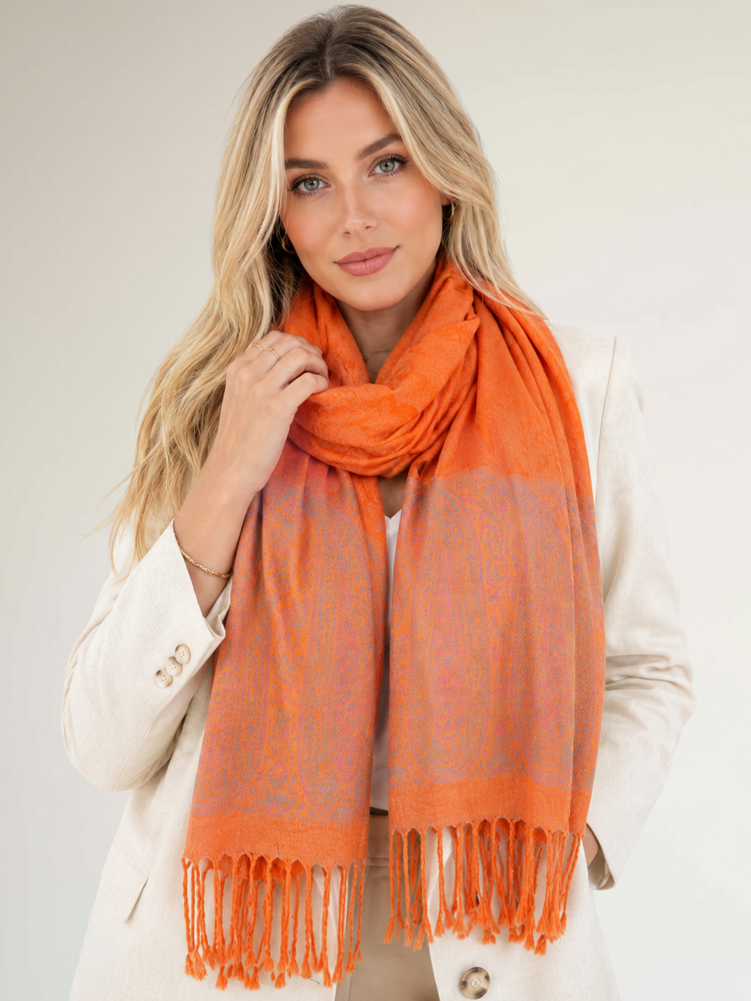 PAISLEY PRINT ORANGE LIGHTWEIGHT PASHMINA SHAWL SCARF - A-SHU.CO.UK