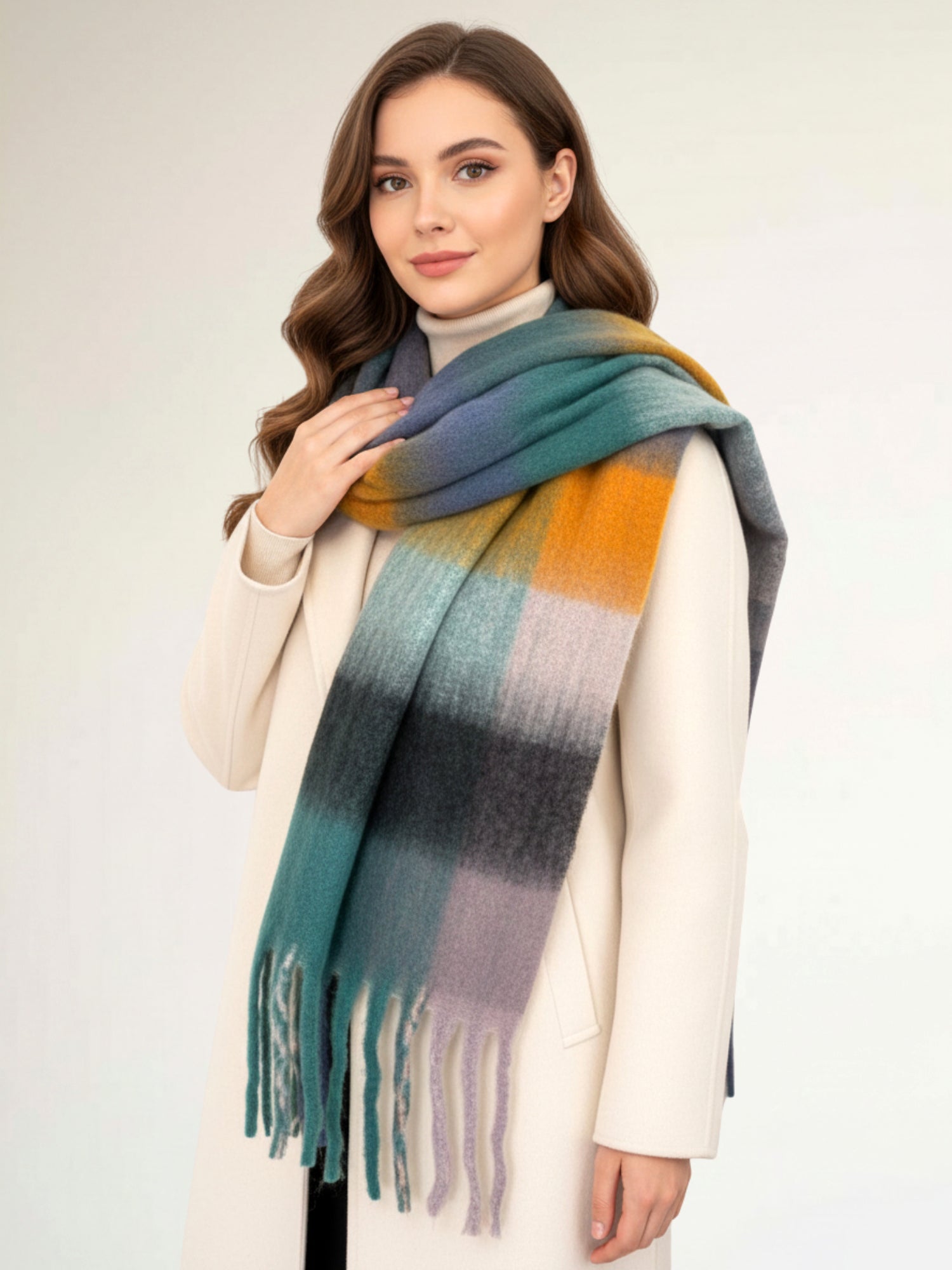 SEA GREEN CHECKED WOOL RAINBOW BLANKET SCARF OVERSIZED WINTER SHAWL WRAP