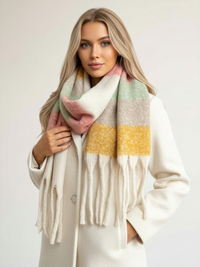 CREAM STRIPED WOOL BLANKET SCARF OVERSIZED WINTER SHAWL WRAP