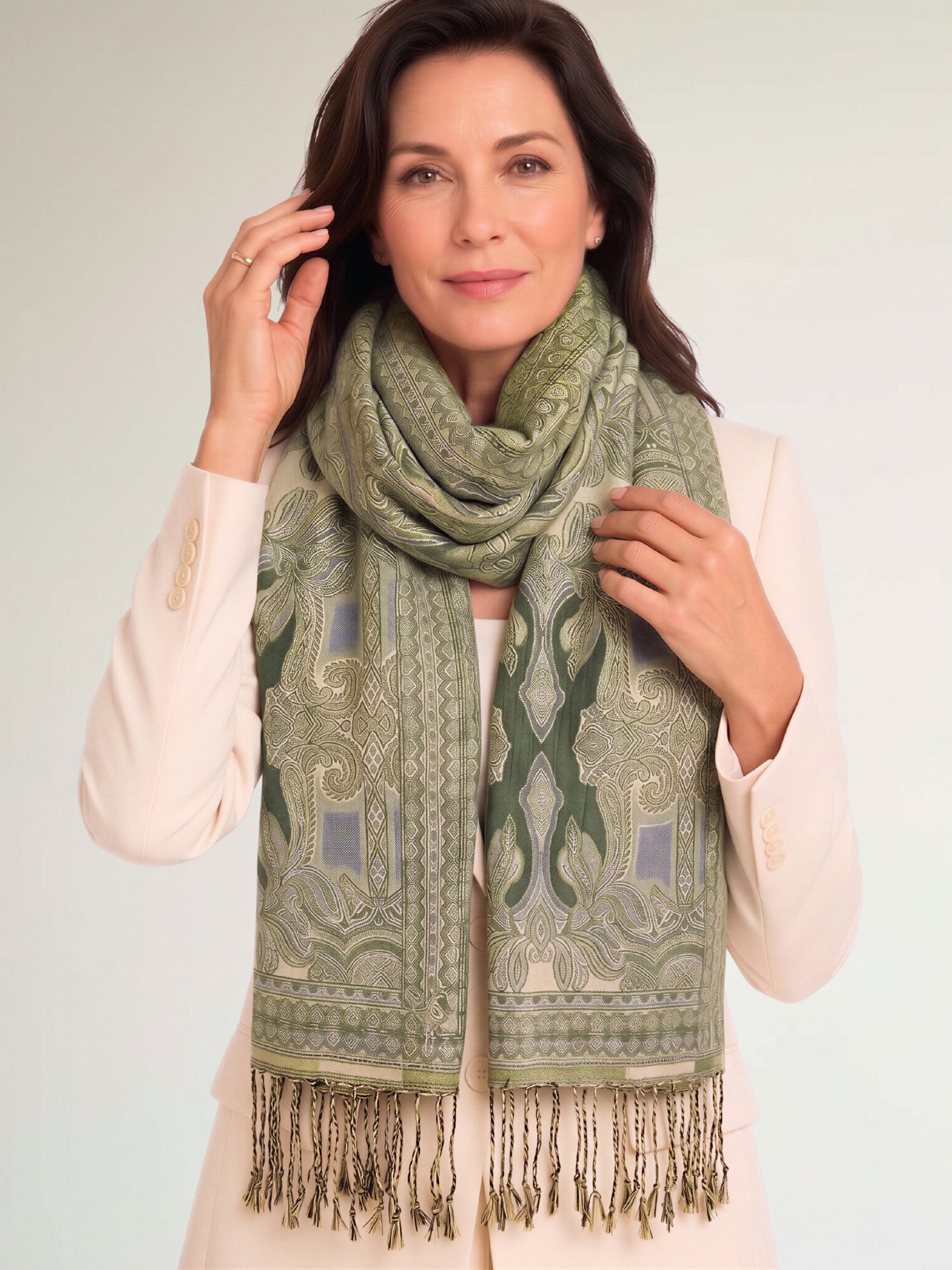 LARGE GREEN REVERSIBLE GEOMETRIC PAISLEY PRINT PASHMINA SHAWL SCARF WRAP - A-SHU.CO.UK