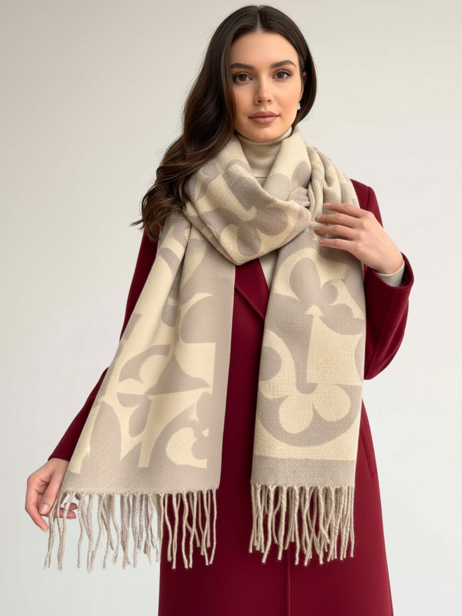 LARGE CREAM ABSTRACT FLORAL PRINT REVERSIBLE WINTER SHAWL BLANKET SCARF