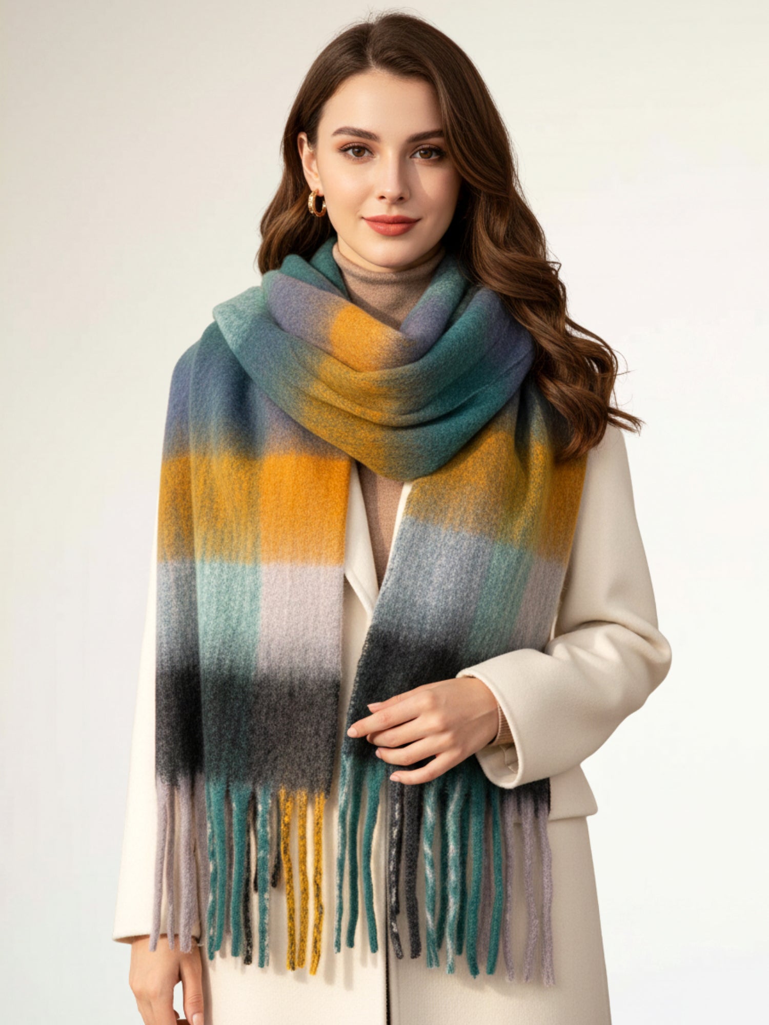 SEA GREEN CHECKED WOOL RAINBOW BLANKET SCARF OVERSIZED WINTER SHAWL WRAP