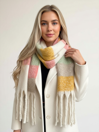 CREAM STRIPED WOOL BLANKET SCARF OVERSIZED WINTER SHAWL WRAP