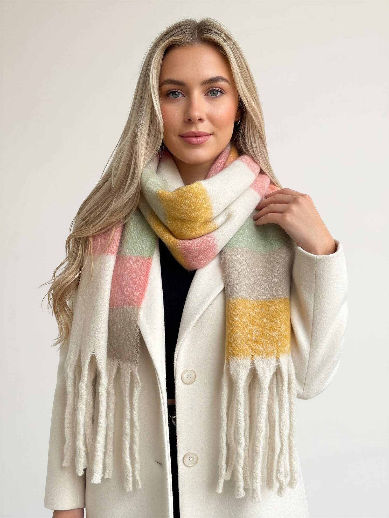 CREAM STRIPED WOOL BLANKET SCARF OVERSIZED WINTER SHAWL WRAP