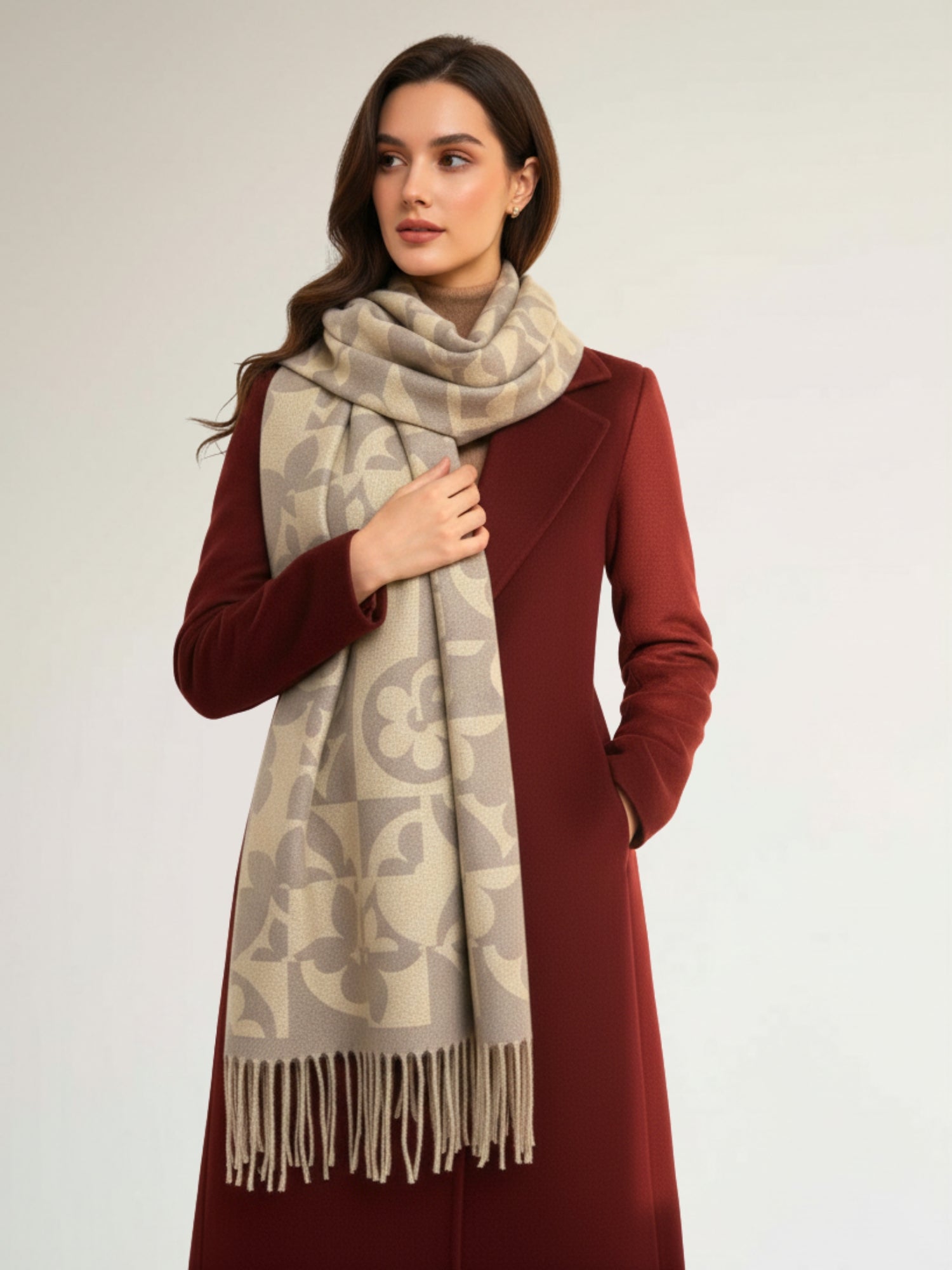 LARGE CREAM ABSTRACT FLORAL PRINT REVERSIBLE WINTER SHAWL BLANKET SCARF