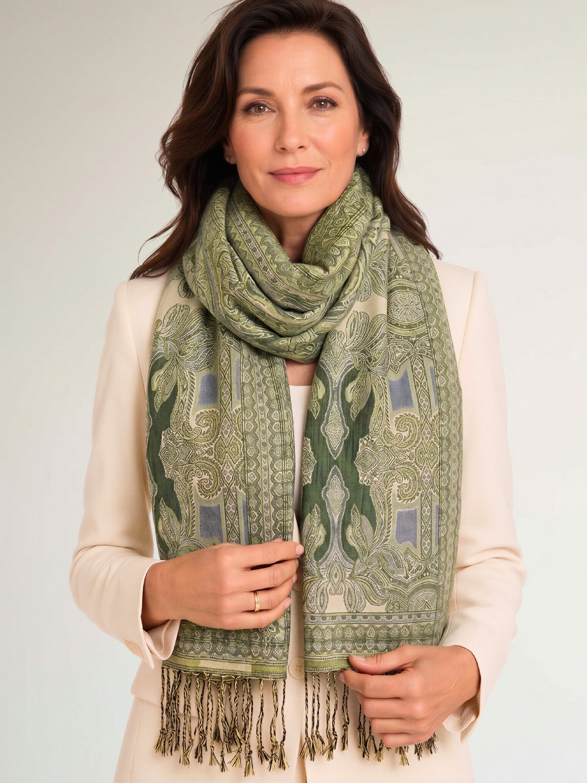LARGE GREEN REVERSIBLE GEOMETRIC PAISLEY PRINT PASHMINA SHAWL SCARF WRAP - A-SHU.CO.UK