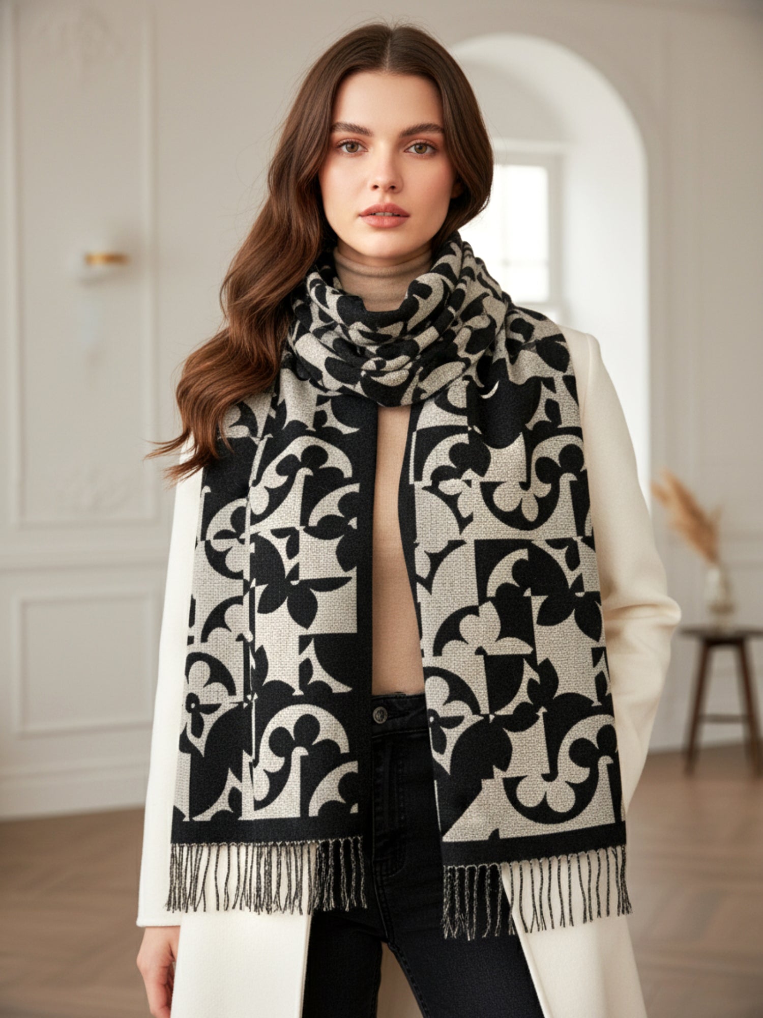 LARGE BLACK ABSTRACT FLORAL PRINT REVERSIBLE WINTER SHAWL BLANKET SCARF