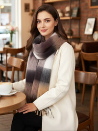 COFFEE MOCHA CHECKED WOOL RAINBOW BLANKET SCARF OVERSIZED WINTER SHAWL WRAP