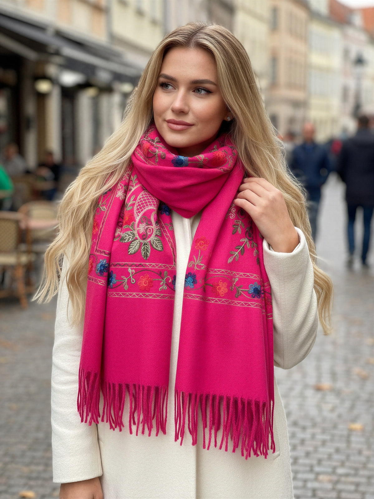 LARGE FUCHSIA PINK FLORAL CASHMERE COTTON BLEND WINTER SHAWL BLANKET SCARF