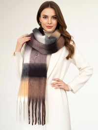 COFFEE MOCHA CHECKED WOOL RAINBOW BLANKET SCARF OVERSIZED WINTER SHAWL WRAP