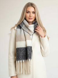 BLACK STRIPED WOOL BLANKET SCARF OVERSIZED WINTER SHAWL WRAP