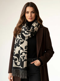 LARGE BLACK ABSTRACT FLORAL PRINT REVERSIBLE WINTER SHAWL BLANKET SCARF