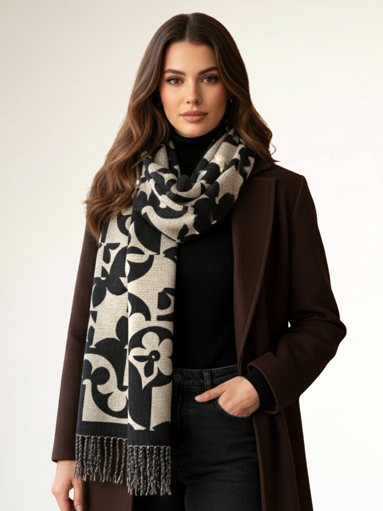 LARGE BLACK ABSTRACT FLORAL PRINT REVERSIBLE WINTER SHAWL BLANKET SCARF