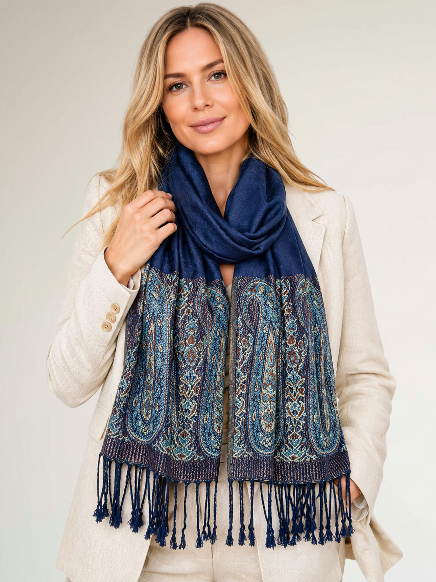 PAISLEY PRINT NAVY BLUE LIGHTWEIGHT PASHMINA SHAWL SCARF - A-SHU.CO.UK