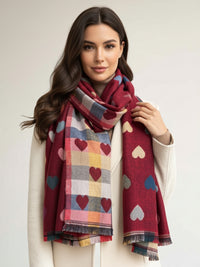LARGE CHECKED HEART PRINT REVERSIBLE WINTER SHAWL BLANKET SCARF - RED