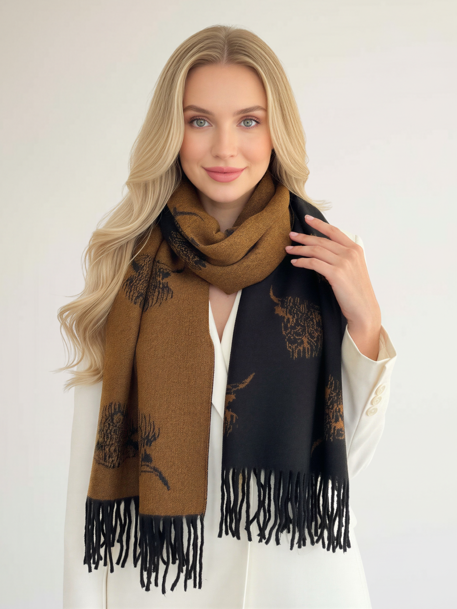 LARGE BLACK TAN HIGHLAND COW CASHMERE REVERSIBLE SHAWL SCARF